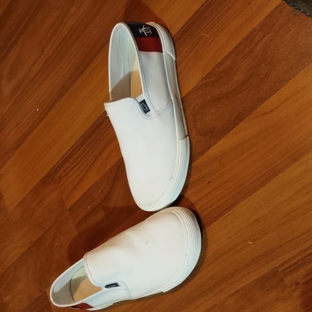 Original Penguin White Slip-On Canvas Sneakers with Red Heel Accent - Men